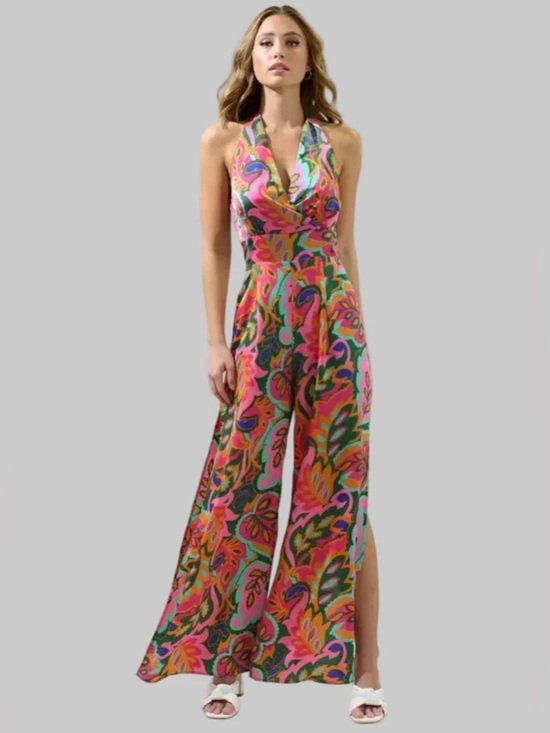 Sugarlips Pants - Sugarlips Pink & Green Floral Halter Wide-Leg Jumpsuit